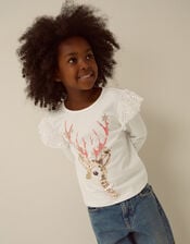 Sequin Christmas Reindeer Long Sleeve Top, Ivory (IVORY), large