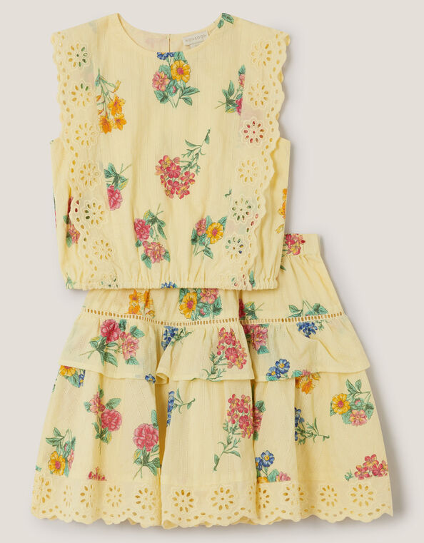 Sasha Broderie Floral Top & Skirt Set, Yellow (YELLOW), large