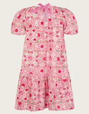Heart Print Puff Sleeve Dress, Pink (PINK), large
