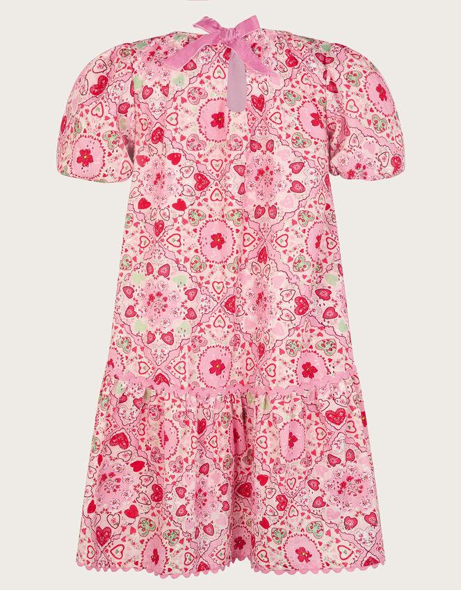Heart Print Puff Sleeve Dress, Pink (PINK), large
