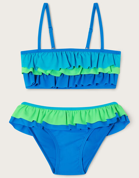 Triple Frill Bikini Set with Recycled Polyester	, Blue (BLUE), large