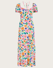 Floral Puff Sleeve Jersey Midi Dress, Ivory (IVORY), large