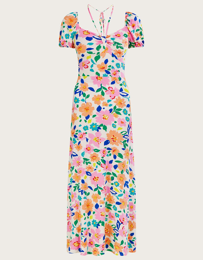 Floral Puff Sleeve Jersey Midi Dress, Ivory (IVORY), large