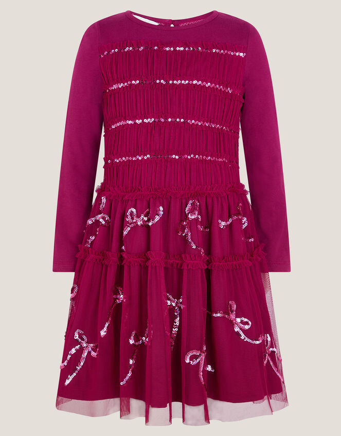 Bow Embellished Jersey Tulle Dress, Red (RED), large