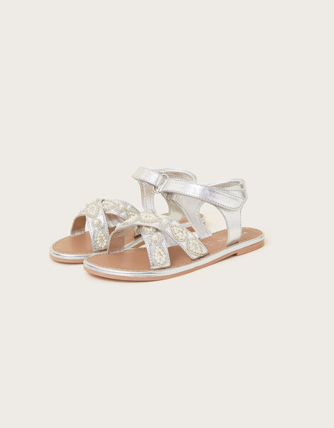 Cross-Over Pearly Sandals, Silver (SILVER), large