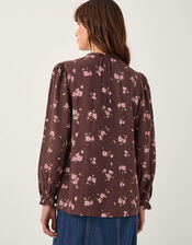 Hanya Floral Print Ruffle Blouse, Brown (BROWN), large