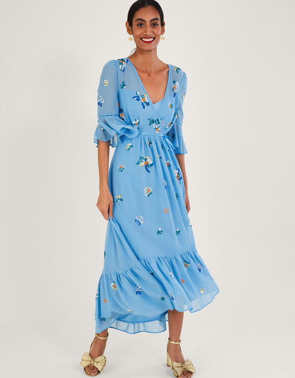 Daniella Embellished Wrap Dress in Recycled Polyester, Blue (BLUE), large
