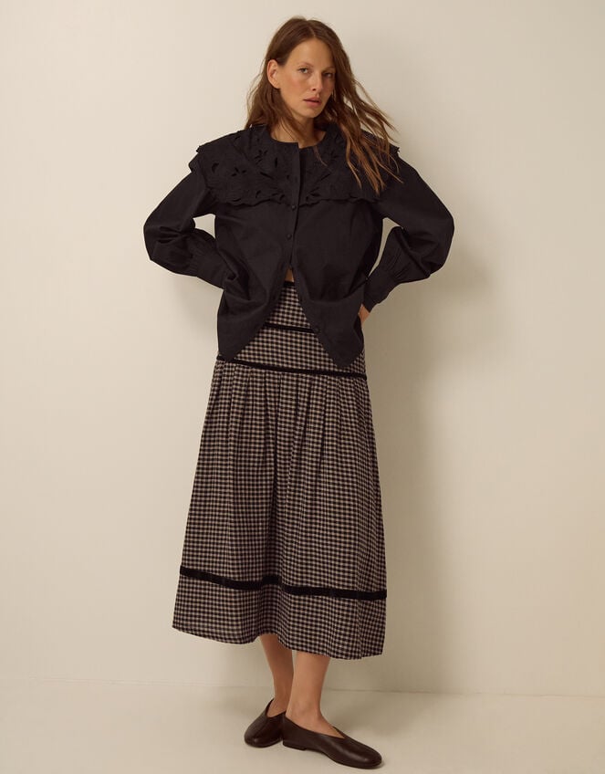 Elise Check Print Midi Skirt , Black (BLACK), large