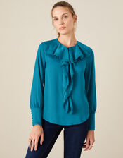 Quinn Ruffle Satin Long Sleeve Blouse, Blue (AQUA), large