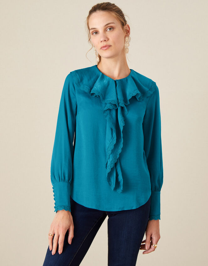 Quinn Ruffle Satin Long Sleeve Blouse, Blue (AQUA), large