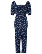Floss Printed Jumpsuit with Organic Cotton, Blue (NAVY), large