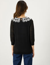 Woven Stitch Contrast Collar Jumper in Recycled Polyester, Black (BLACK), large