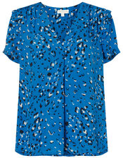 Animal Print Ruffle Sleeve Top, Blue (BLUE), large