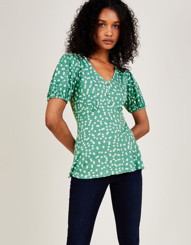 Dotty Short Sleeve Jersey Top, Green (GREEN), large