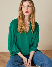 Plain Shirred Jersey Linen Top, Green (GREEN), large