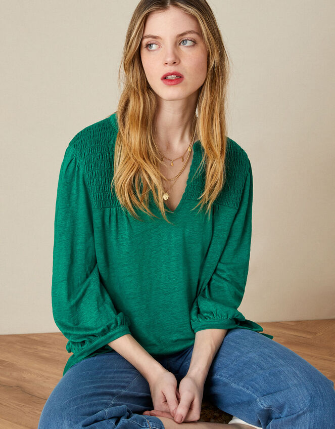 Plain Shirred Jersey Linen Top, Green (GREEN), large