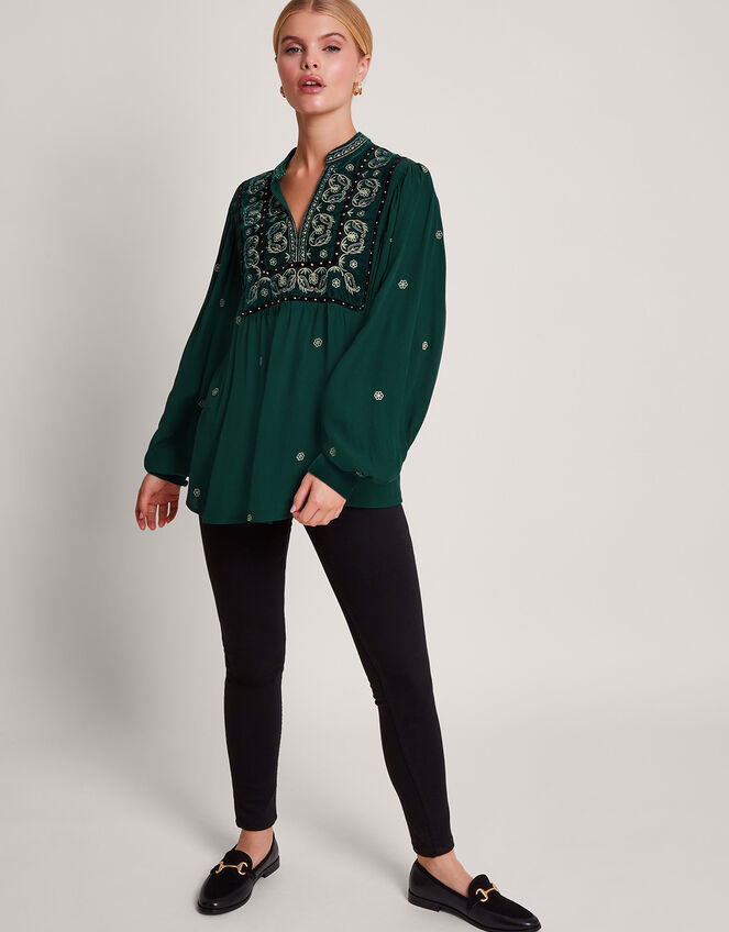Posie Paisley Embroidered Blouse, Green (GREEN), large