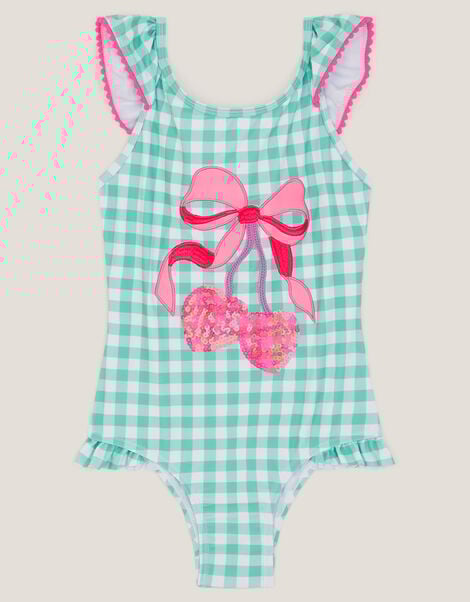 Sequin Cherry Gingham Swimsuit, Green (GREEN), large