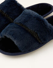 Glitter Trim Faux Fur Slippers, Blue (NAVY), large