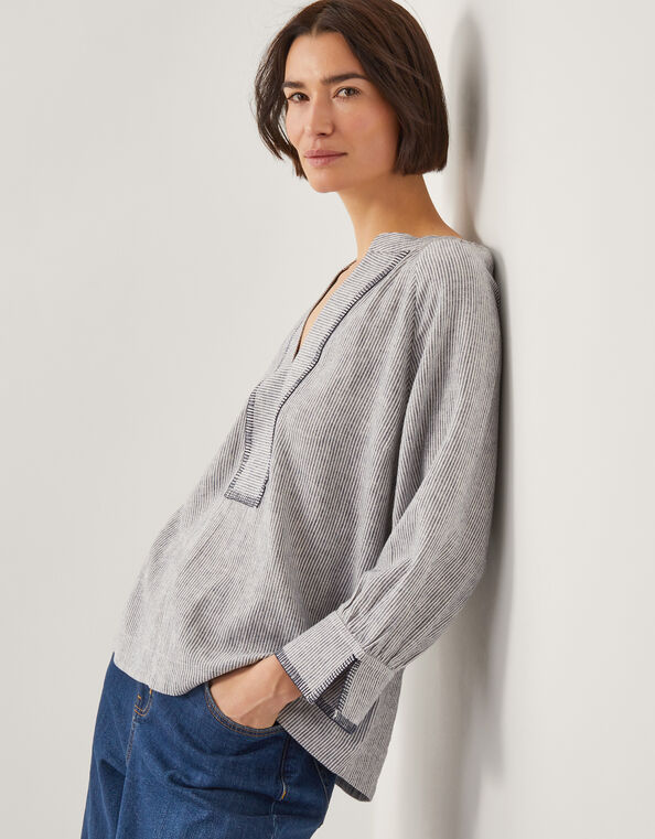 Frida Stripe Linen-Blend Top, Blue (BLUE), large