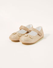 Glitter Flower Strap Walker Shoes, Gold (GOLD), large