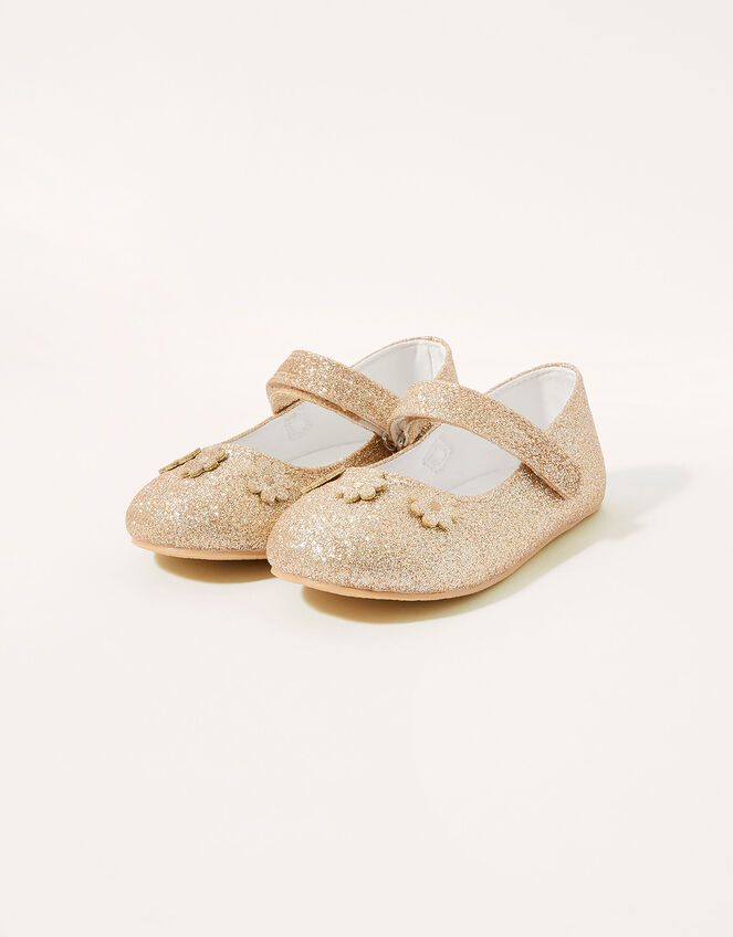 Glitter Flower Strap Walker Shoes, Gold (GOLD), large