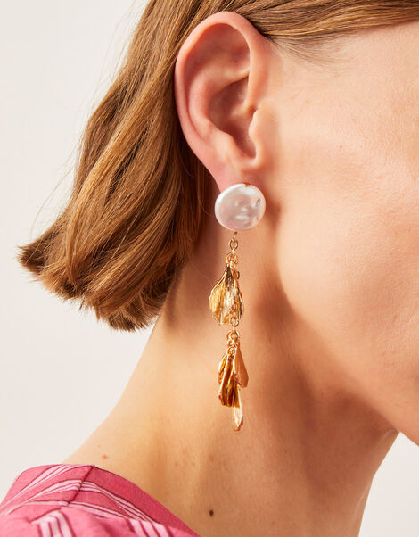 Pearl Chain Leaf Drop Earrings, , large