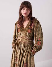East Sophia Floral Embroidered Velvet Midi Dress, Green (GREEN), large