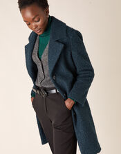 Boucle Single Breasted Long Coat, Teal (TEAL), large