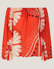 Nara Print Bardot Top, Orange (RUST), large