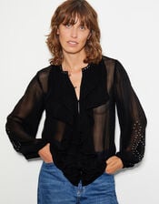 Saskia Stud Ruffle Blouse, Black (BLACK), large