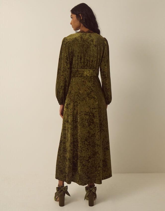 Jessi V-Neck Velvet Midi Dress, Green (KHAKI), large