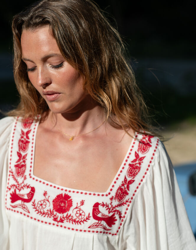 La Galeria Elefante Silver Embroidered Square Neck Top, White (OFF WHITE), large