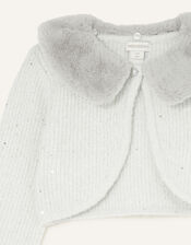Sequin Faux Fur Collar Cardigan, Grey (GREY), large