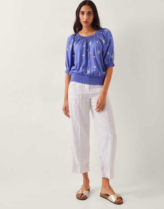 Emily Embroidered Puff-Sleeve Top, Blue (BLUE), large