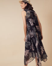 Lola Palm Print Midi Dress in Recycled Fabric, Black (BLACK), large