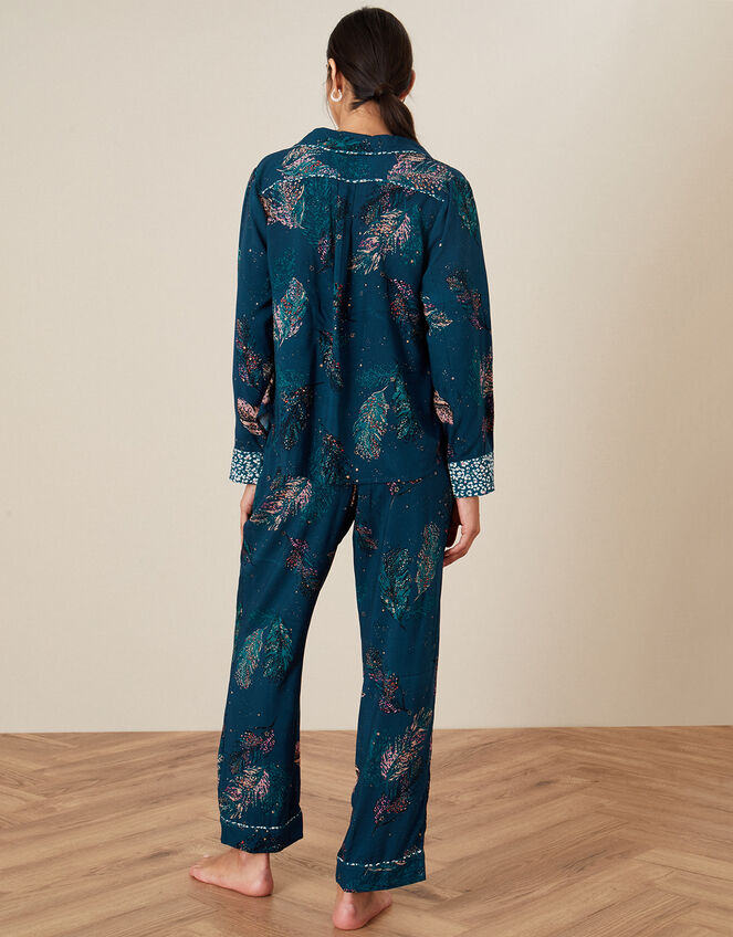 Feather Print Pyjama Set in Sustainable Viscose, Teal (TEAL), large