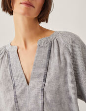 Frida Linen-Blend Stripe Top, Blue (BLUE), large