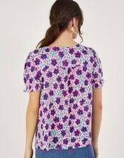 Square Neck Floral Short Sleeve Linen Top, White (WHITE), large