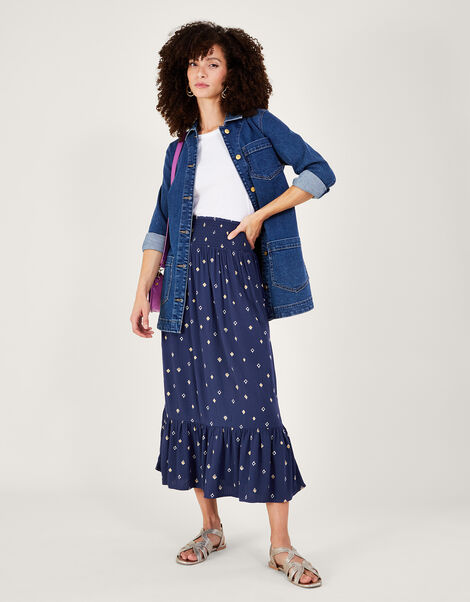 Motif Print Maxi Skirt in LENZING™ ECOVERO™, Blue (NAVY), large