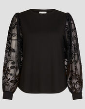 Immy Sheer Floral Sleeve Top, Black (BLACK), large
