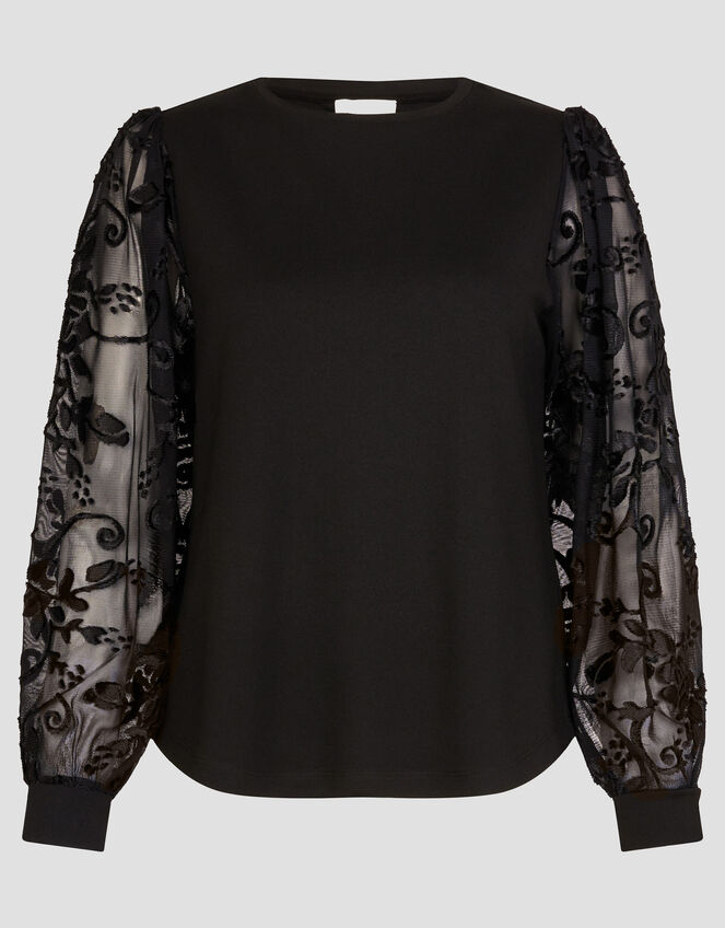 Immy Sheer Floral Sleeve Top, Black (BLACK), large