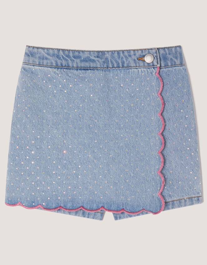 Rhinestone Scallop Denim Skort, Blue (BLUE), large