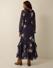 Rowena V-Neck Ruffle Floral Print Maxi Dress, Blue (NAVY), large