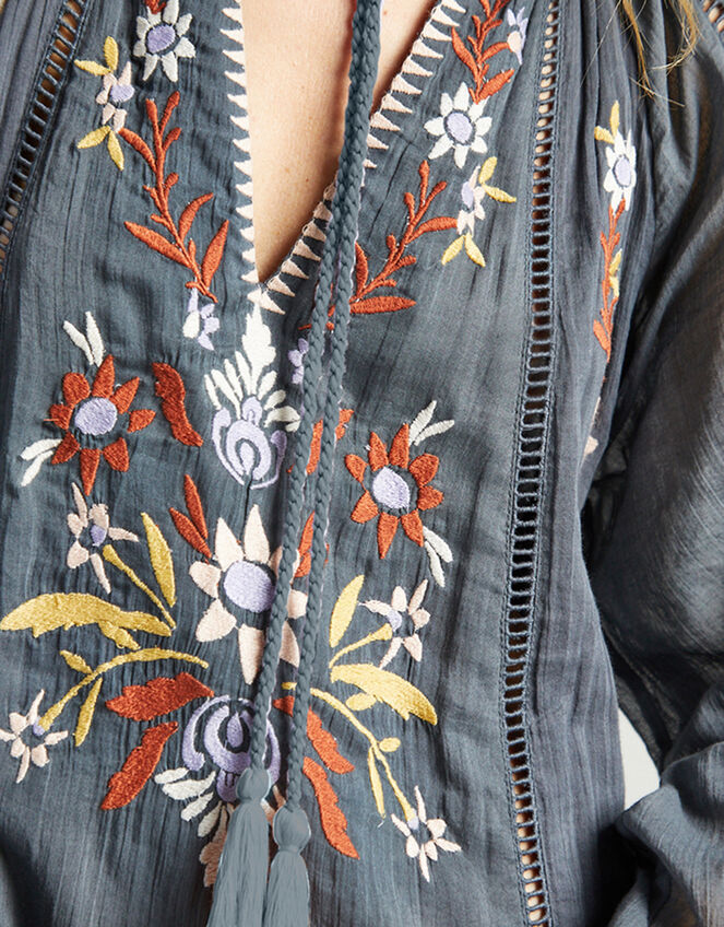 Raffya Eliza Embroidered Shirt Dress , Grey (GREY), large