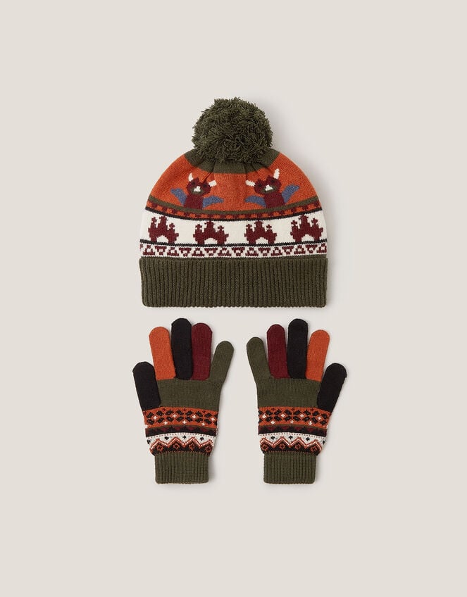 Dragon Beanie Hat & Gloves Set, Green (GREEN), large