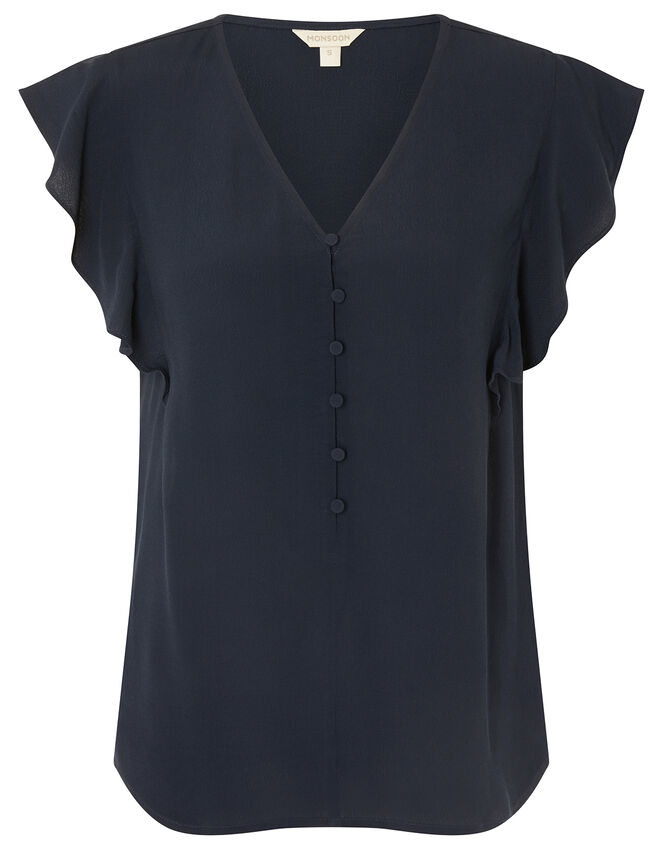 Ruffle Short Sleeve Blouse, Blue (NAVY), large