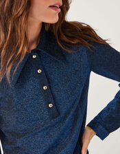 Monsoon x Sarah Corbett-Winder Glitter Jersey Collar Top, Blue (BLUE), large