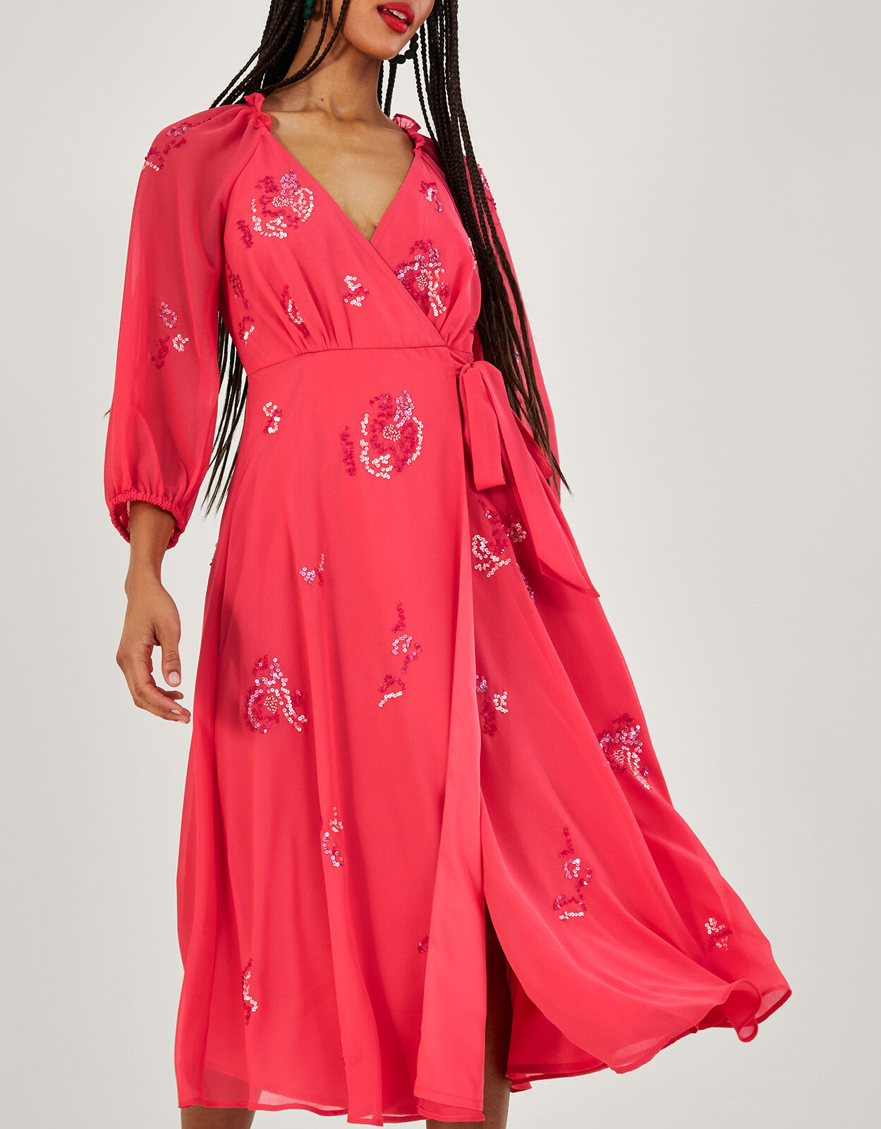 Embellished wrap midi dress discount