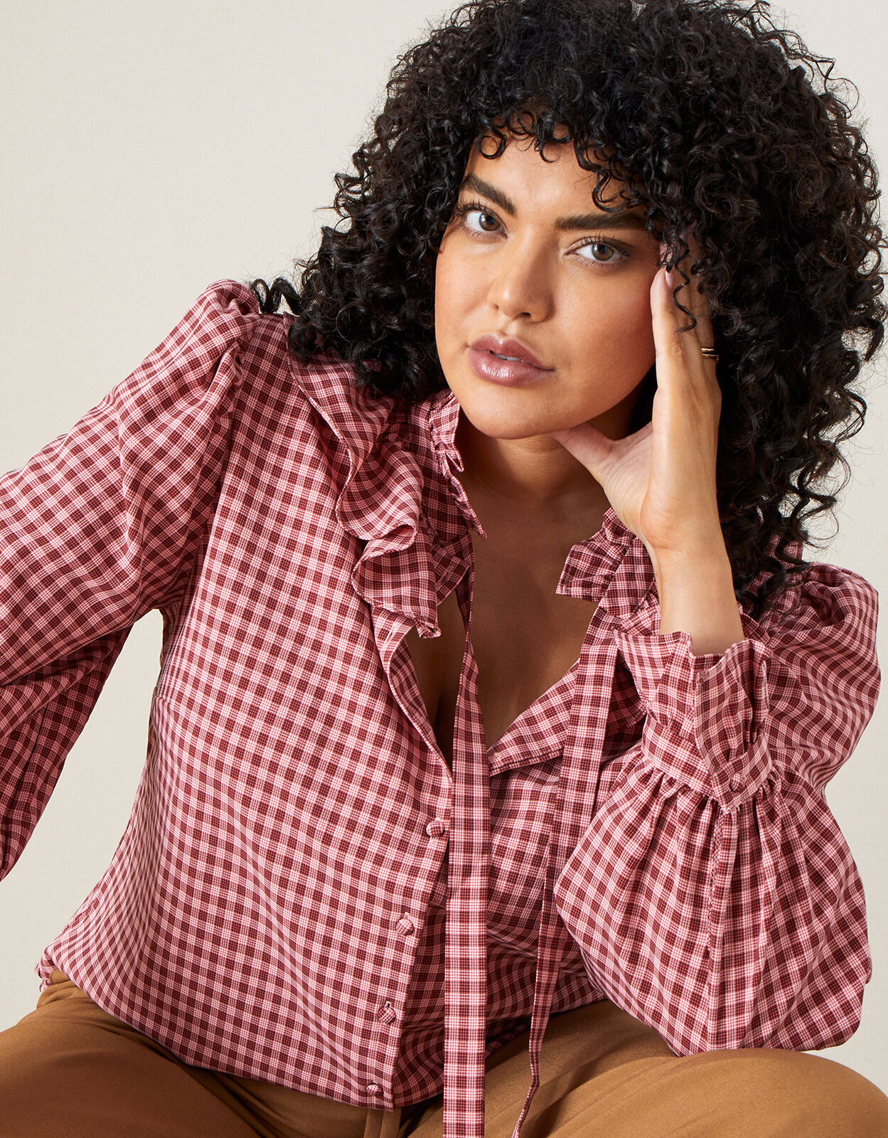 Monica Check Frill Blouse Pink | Tops 